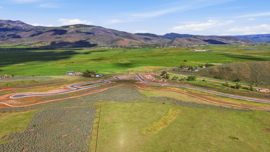 Aerial view of Country Haven roads and open fields in Kamas Valley